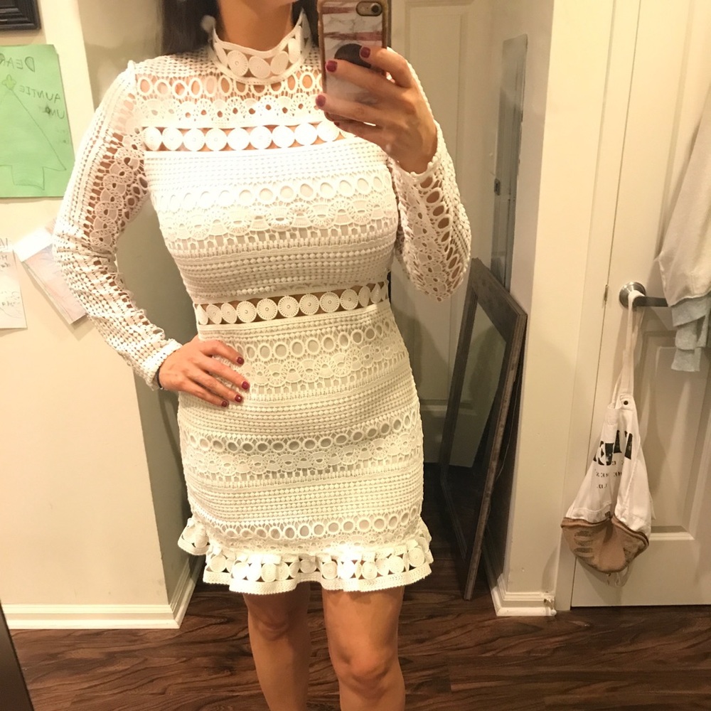White long sleeve mock neck crochet mini dress - Picture 2 of 2